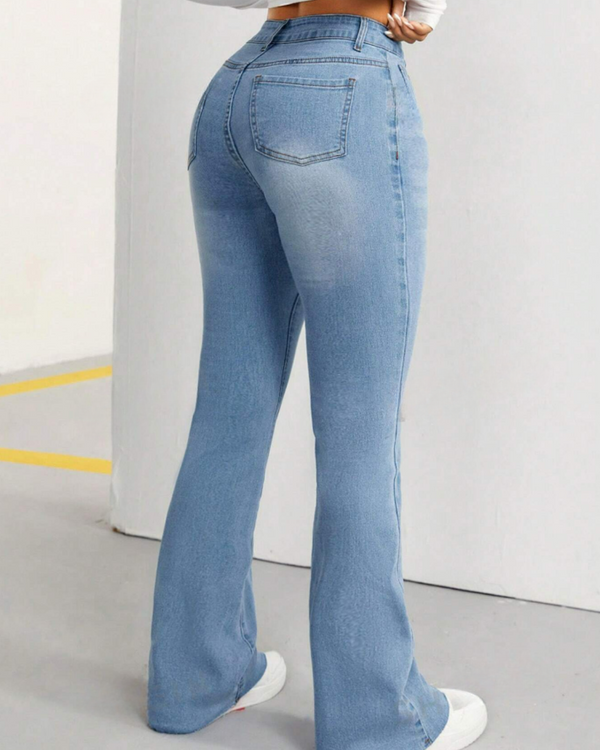 Pantalón Jean Elástico de Campana con Corte Alto